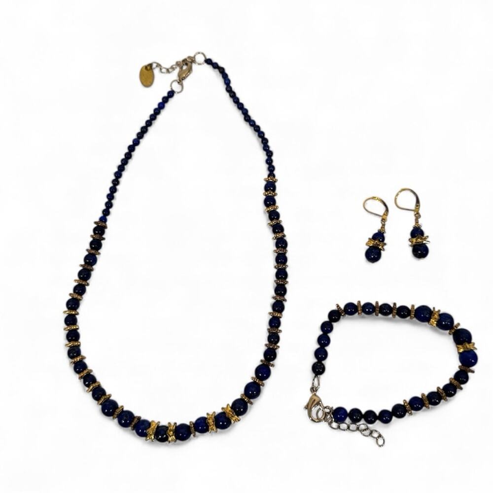 Stauer Lapis Lazuli Beaded Gold Tone Set Necklace Bracelet Earrings Vintage